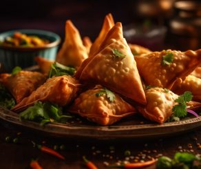 Deep fried samosas and dumplings, gourmet appetizer generated by artificial intelligence